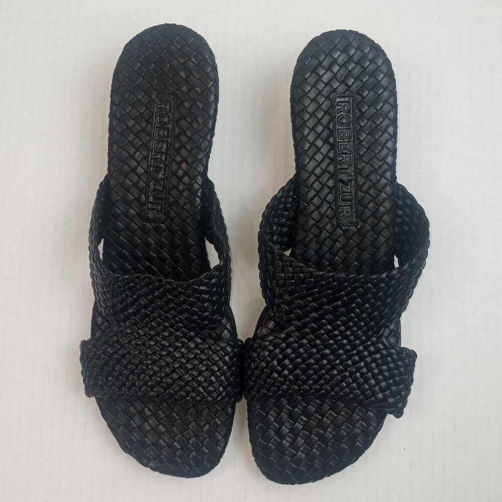 NWOT Robert Zur Tamara Black Woven Leather Slip On Wedge Sandals